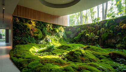 Eco-friendly architectural design featuring a living plant wall in a bright hallway
