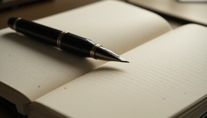 Elegant pen resting on an open notebook, inspiration for writing projects and notes