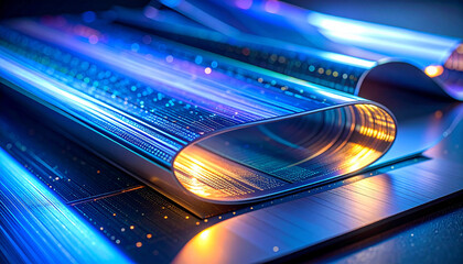 Advanced microchip technology on a bendable substrate with futuristic light effects