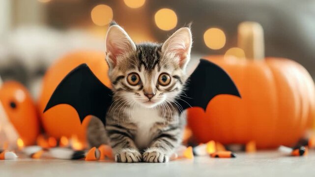 A cute tabby kitten with black bat wings sits, pumpkins and Halloween treats around it