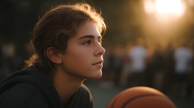 Thoughtful young person in profile illuminated by golden hour sunset light with a basketball