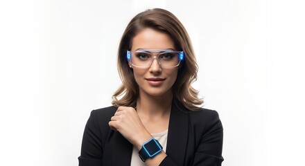 Business Woman Wearing Smart Glasses and Smartwatch &ndash; Future Wearable Technology Portrait