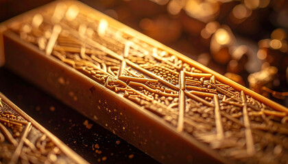 Luxury artisanal chocolate bar shimmering in warm golden sunset light