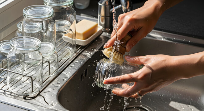 Person washing glass jars with eco-friendly brush and water splashes in kitchen sink, symbolizing sustainable living, perfect for zero waste lifestyle, eco-conscious home, healthy habits