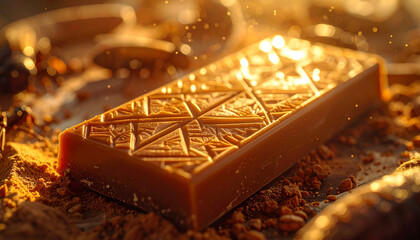 Elegant gourmet chocolate with artistic patterns on a rustic dark background