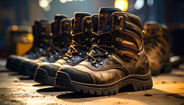 FlyPro Firefly heavy-duty work boots, photorealistically captured, arranged neatly and ready for deployment to challenging terrain.