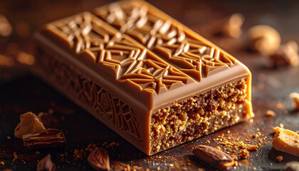 Elegant gourmet chocolate with artistic patterns on a rustic dark background