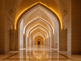Fototapeta premium A long hallway with arched ceilings and a yellow light