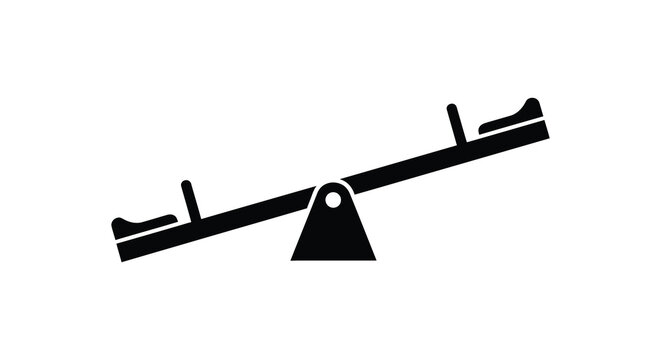 A simple black silhouette of a classic seesaw balanced and poised against a stark white background silhouette