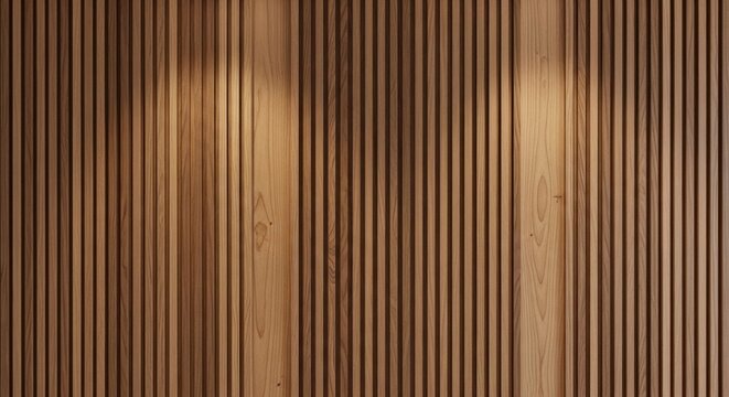 Elegant architectural wood slat wall background featuring narrow vertical timber panels illuminated by soft overhead spotlights for a dramatic interior.