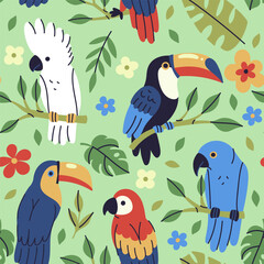 Seamless pattern with tropical birds, flowers, and leaves. Vector graphics.