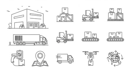 Logistics and delivery icons set warehouse truck drone and packages.