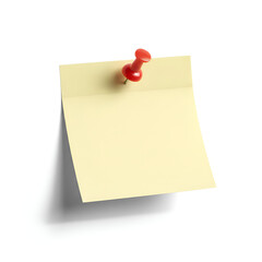 Yellow sticky note with red push pin isolated on white background, realistic paper texture with soft shadow.