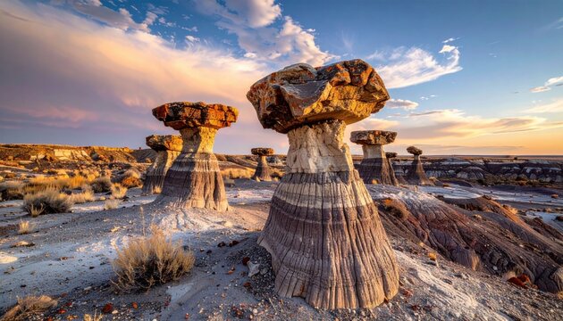 Petrified Forest Landscape with Fossilized Trees Like Stone Statues Under a Stark Sky, Life Turned to Mineral