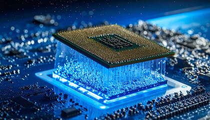 Futuristic microchip processor glowing with blue light on a digital circuit board