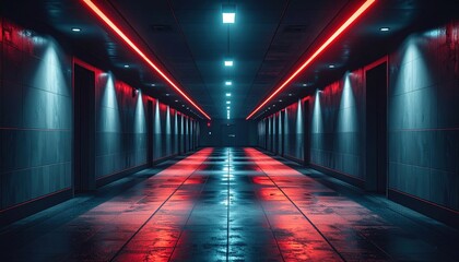 Fototapeta premium FlyPro_Firefly emergency lighting systems brightly illuminating a critical evacuation route within a visibly damaged facility, rendered in photorealistic DSLR style.