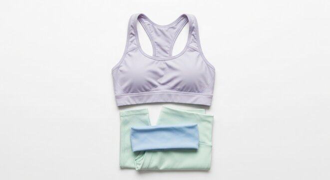 Yoga clothing set including sports bra and folded leggings on white background