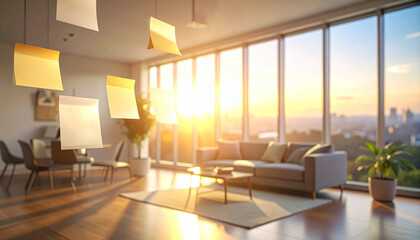 Colorful sticky notes floating in the air in a bright modern home office