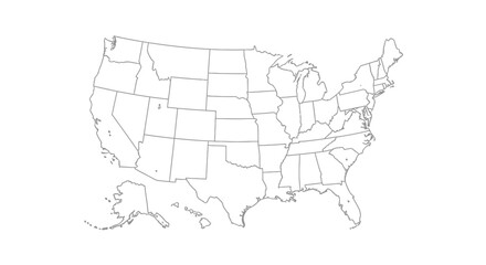 Fototapeta premium Detailed outline map of the United States with state borders, representing geography and demographics, isolated white background.