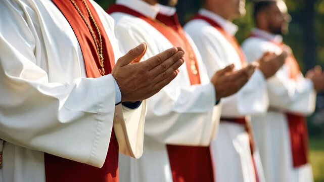 Clergy members in liturgical vestments praying outdoors in a line during a ceremony