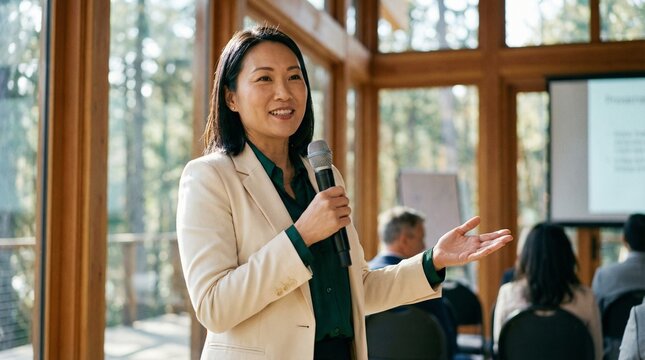 Confident professional woman giving presentation in sunlit conference room, speaking into microphone and engaging audience with warm expression