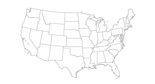 Outline map of the United States showing all state boundaries, ideal for geographical or demographic representation, isolated white background.