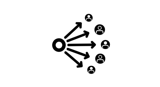 Central Point Distributing to Multiple People Icons, Illustrating Outreach and Communication Strategy on Isolated White Background