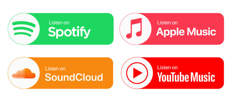 FraPopular Music streaming services listen on badges set. Apple Music, Spotify, Youtube Music, and Soundcloud. Simple, vector, printed on paper. icon for website design, marketing, and mobile app. Iso