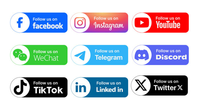 Social Media Follow Buttons Set. Facebook, Instagram, YouTube, X Twitter, LinkedIn, TikTok, Snapchat, Telegram and More Icons