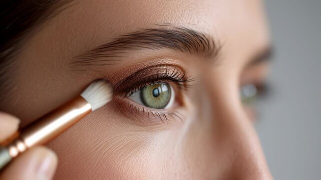 Woman applying eyeshadow with a brush to her eyelid, showcasing a close-up view of her eye and makeup technique, with a soft-focus background enhancing the beauty scene