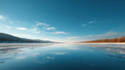 Fototapeta premium Landscape photograph of a frozen lake. the sky is a beautiful shade of blue with a few scattered clouds. the lake is calm and still, reflecting the sky and the surrounding landscape.