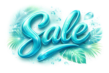 Fototapeta premium A stylized 3D turquoise “Sale” lettering with glossy texture, tropical leaves, and water splash elements.