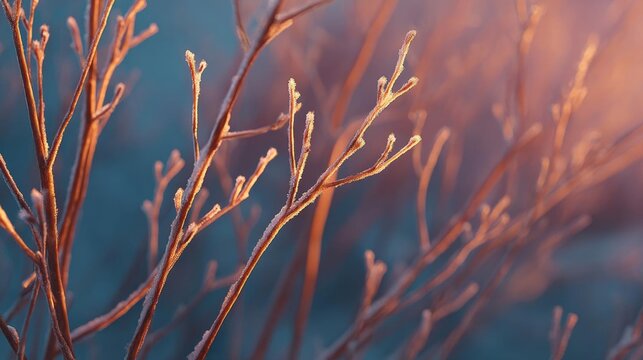 Close-up of a branch of a tree. the branch is covered in a thin layer of frost, giving it a glistening appearance. the background is blurred, making the branch the focal point of the image.