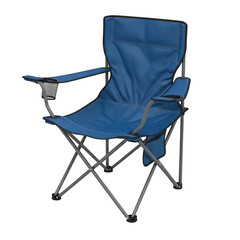 Blue folding chair with armrests and cup holder for outdoor use isolated on white background