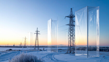 Aerial view of high voltage power lines with blue digital energy waves at sunset
