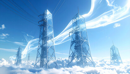 Aerial view of high voltage power lines with blue digital energy waves at sunset