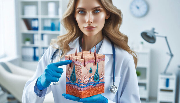 Professional female dermatologist demonstrates human skin and hair anatomy using a medical cross-section model to educate patients about hair loss and skin diseases.