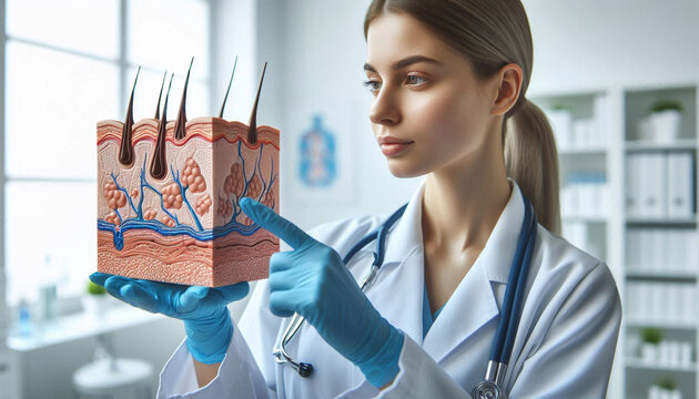 Professional female dermatologist demonstrates human skin and hair anatomy using a medical cross-section model to educate patients about hair loss and skin diseases.