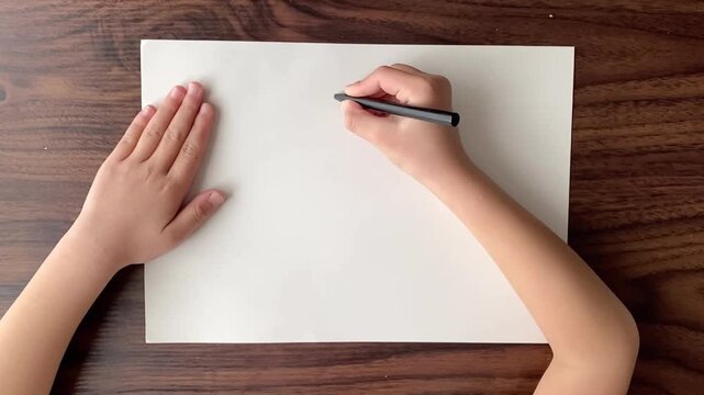 Child writing number five on A4 paper with black pen in slow motion, top view, no sound