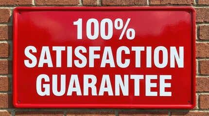 Obraz premium A vibrant red sign promoting a 100% satisfaction guarantee displayed prominently on a brick wall, emphasizing trust.