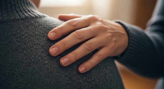 A person showing empathy and support with a comforting hand on another's shoulder in a moment of need