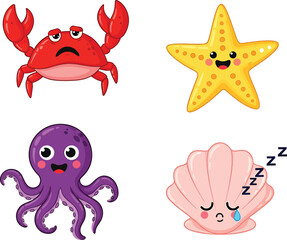 Obraz premium Cute Cartoon Sea Animals Vector Set - Crab, Octopus, Starfish, and Shell