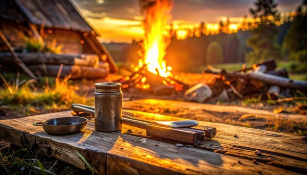 High-resolution interpretation of FlyPro Firefly fire starter kits, featuring flint and steel components presented on a weathered wooden board before a vibrant campfire.