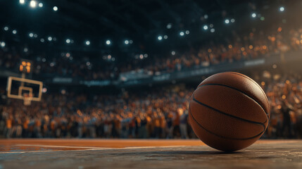 Basketball, court and ball on floor with crowd in background for sports, competition and excitement. Fans, arena and game atmosphere for team spirit.