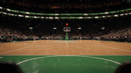 Basketball, court and arena with empty seats, sports event and hardwood floor for competition, game atmosphere and excitement in stadium.