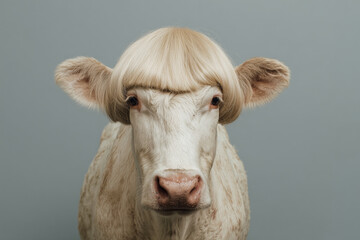 Cow, animal and portrait with unique hairstyle, funny expression and studio background. Livestock, farm and creative concept for agriculture and humor.