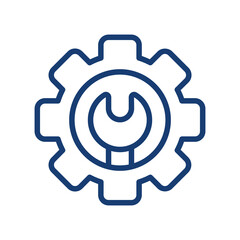 Blue gear icon with wrench inside representing maintenance or settings, isolated on transparent background
