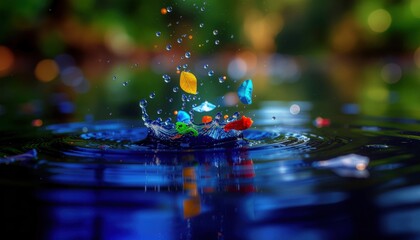 Fototapeta premium A colorful splash of water creates ripples in a serene lake, showcasing the beauty of nature and vibrant reflections.
