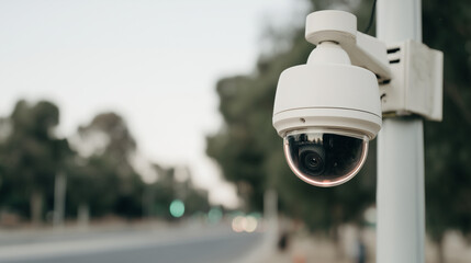 Security, camera and surveillance on pole for monitoring, safety and protection in urban area. Technology, observation and safety measures for public space.