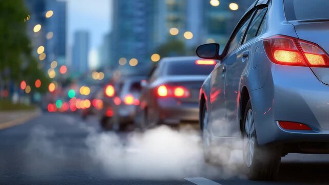 Traffic jam with vehicles emitting exhaust smoke on a congested road, close up, diagonal composition with smoke-filled street, red and white lights contrasting with gray exhaust cl